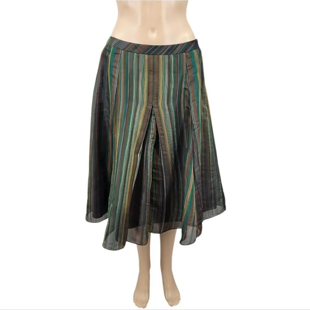 Silk Lafayette 148 Striped Waistband in Green Teal Brown Gold Pleated